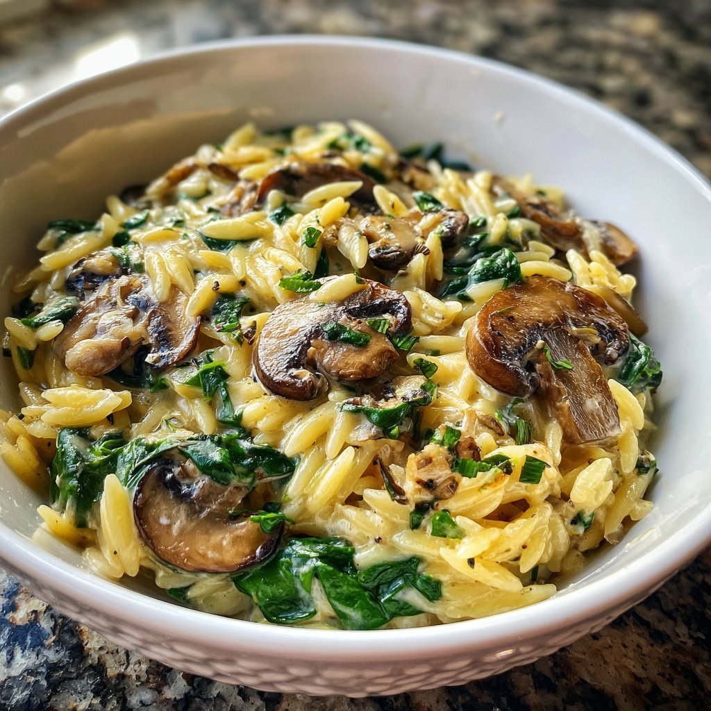 Romantic Creamy Spinach Mushroom Orzo